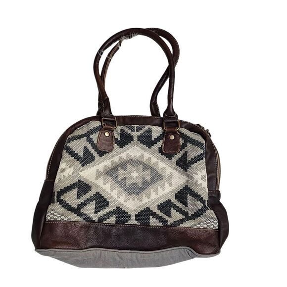 Myra Canvas And Leather Southwestern Shoulder Bag Double Leather Handles - Picture 3 of 12